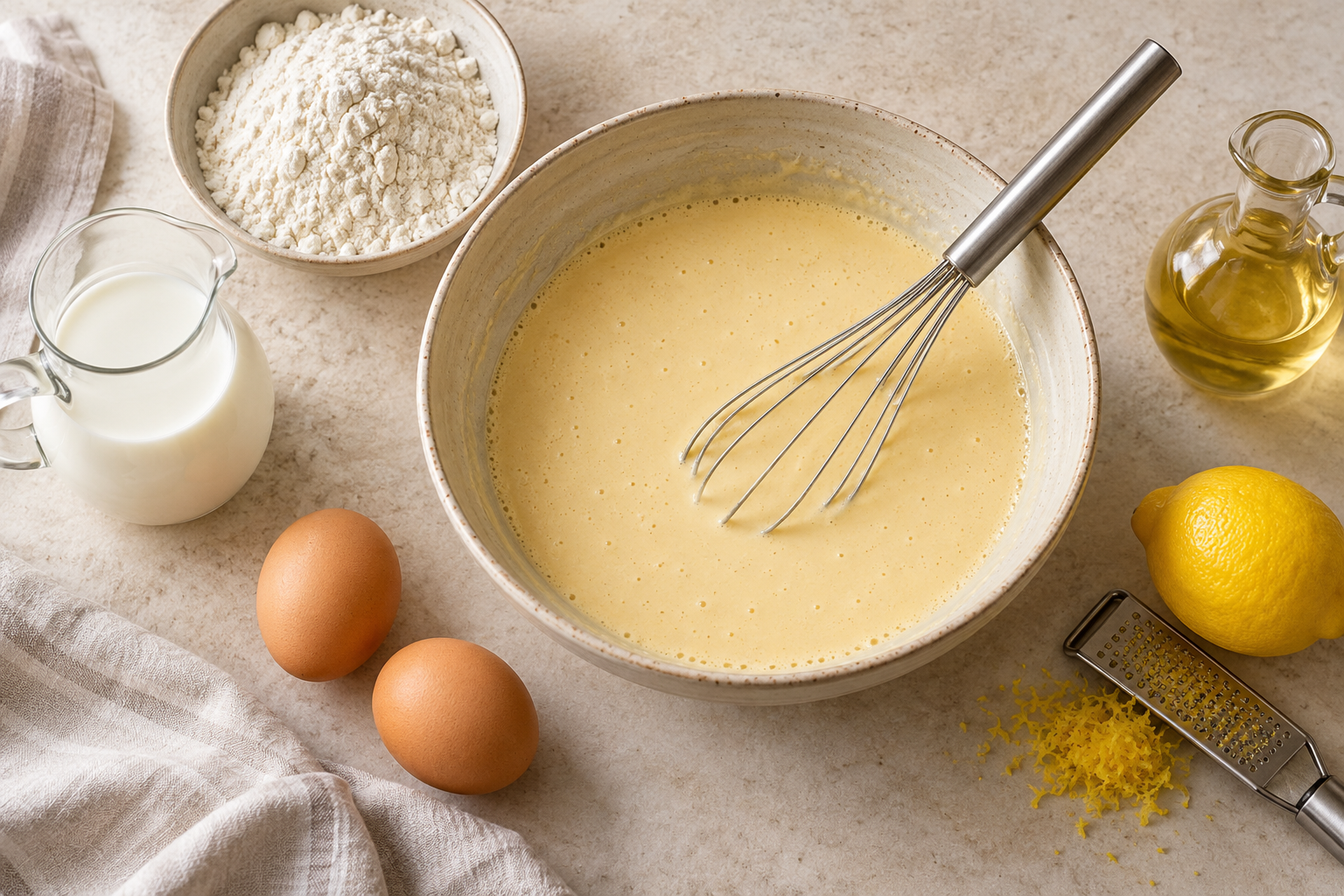 Příprava těsta na palačinky s mlékem, vejci, moukou a citronovou kůrou