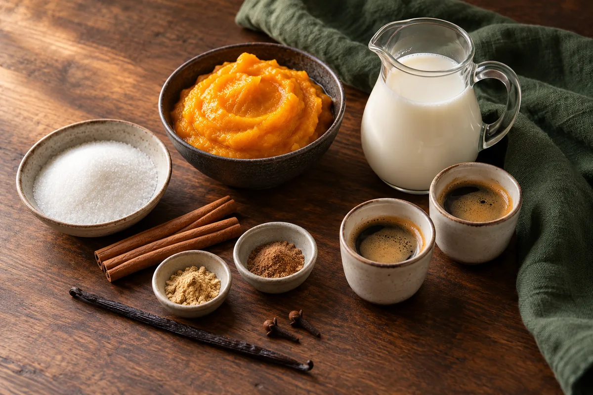 Dýňové pyré, mléko, dvě espressa, krystalické sladidlo a koření na domácí pumpkin spice latte.
